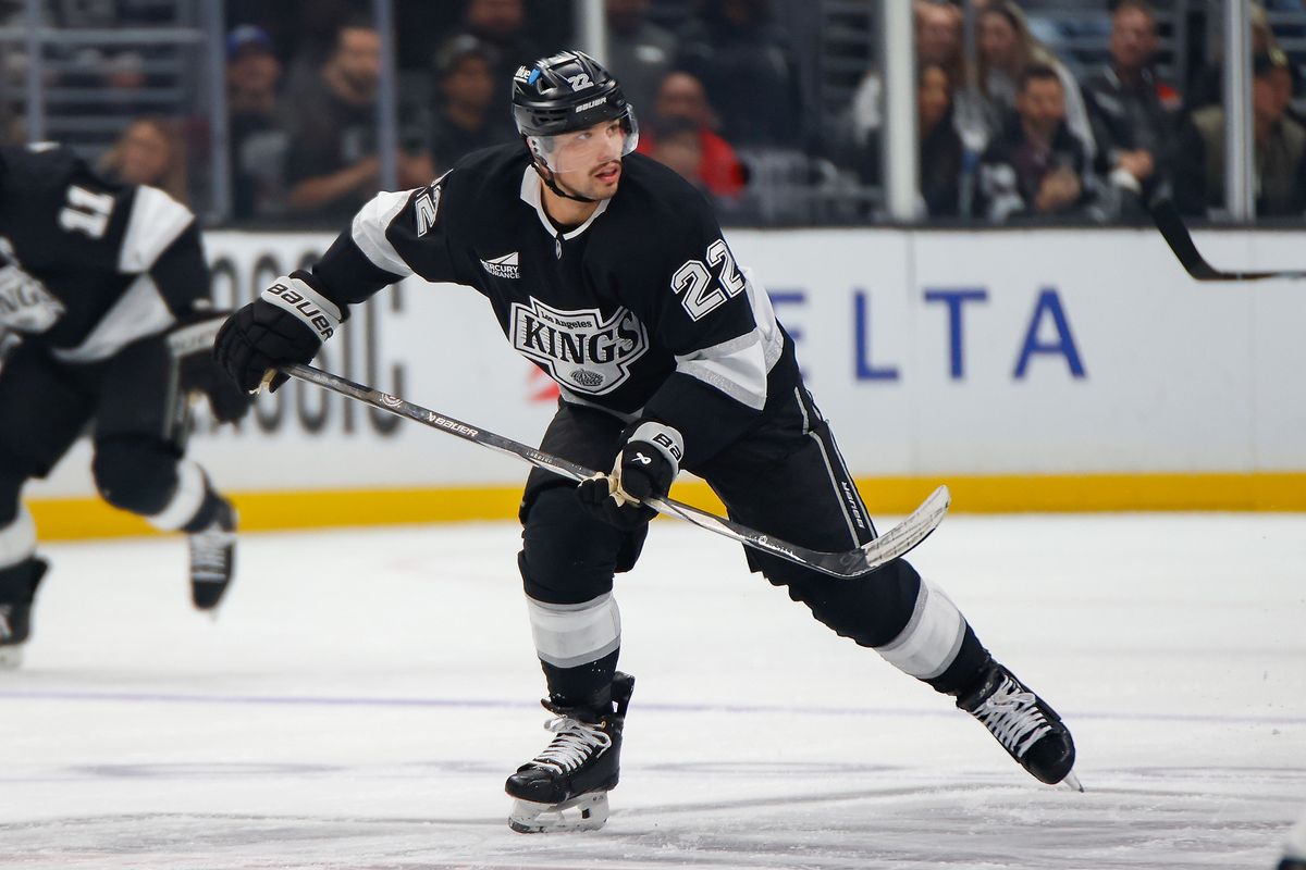 Los Angeles Kings left wing Kevin Fiala (22) seeks out opponent during game against Vancouver Canucks on Thursday, November 7, 2024 in Los Angeles. Los Angeles Kings left wing Kevin Fiala (22) seeks out opponent during game against Vancouver Canucks on Thursday, November 7, 2024 in Los Angeles.