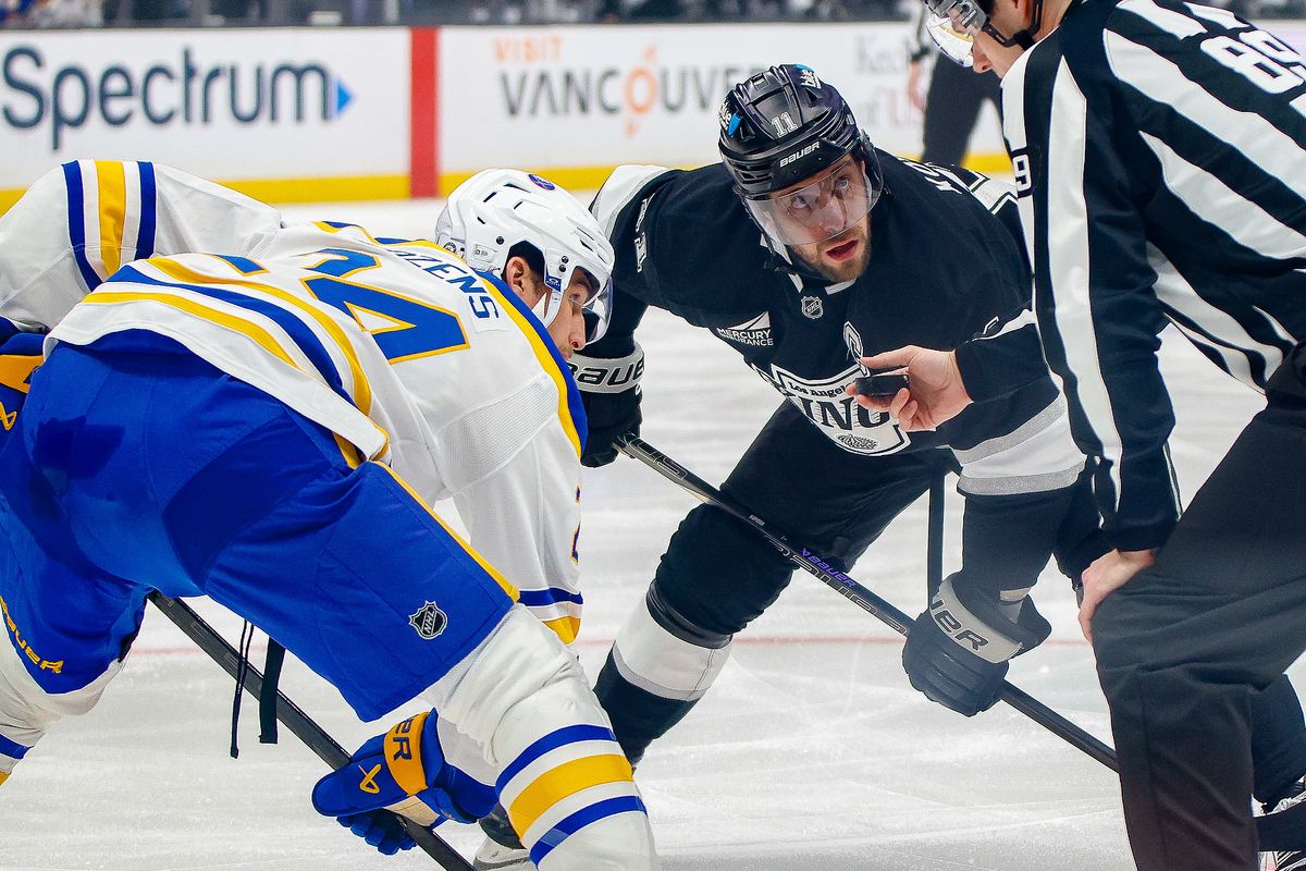 Los Angeles Kings center Anze Kopitar (11) faces off against an opponent during game against Buffalo Sabres on Wednesday, November 20, 2024 in Los Angeles. Los Angeles Kings center Anze Kopitar (11) faces off against an opponent during game against Buffalo Sabres on Wednesday, November 20, 2024 in Los Angeles.