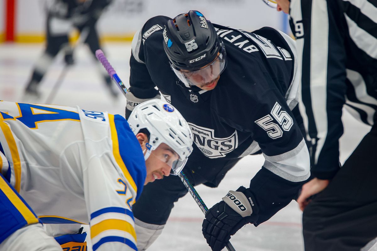 Los Angeles Kings right wing Quinton Byfield (55) faces off against an opponent during game against Buffalo Sabres on Wednesday, November 20, 2024 in Los Angeles. Los Angeles Kings right wing Quinton Byfield (55) faces off against an opponent during game against Buffalo Sabres on Wednesday, November 20, 2024 in Los Angeles.