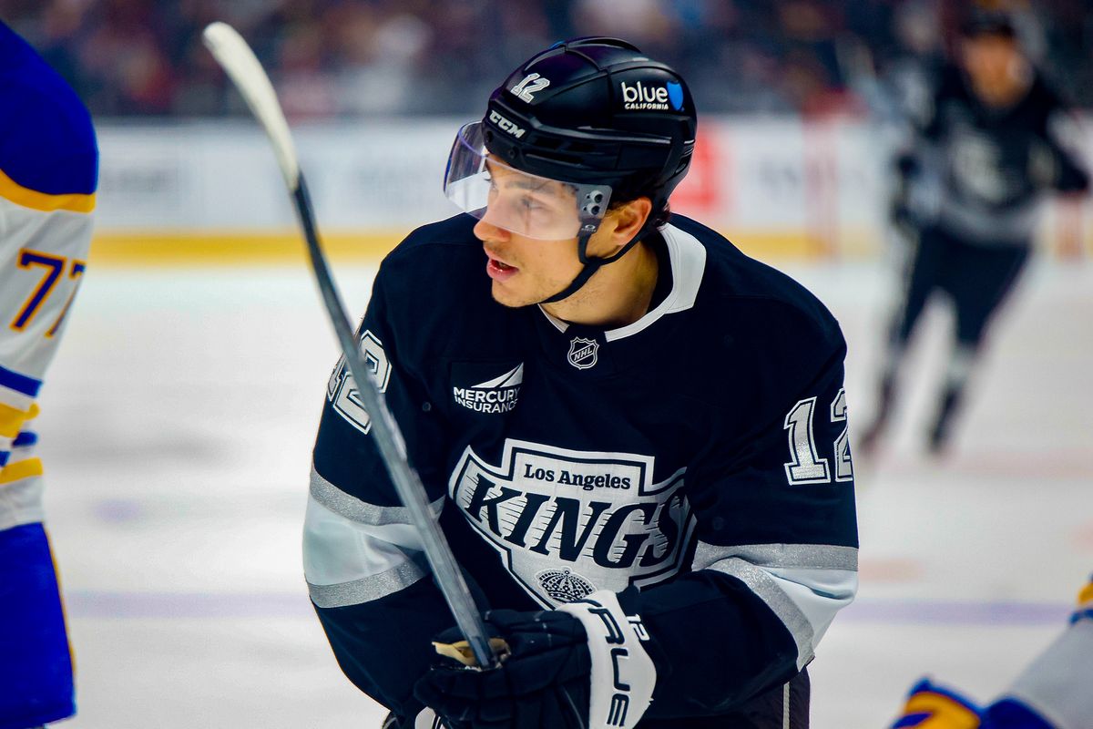 Los Angeles Kings forward Trevor Moore (12) rushes to make a pass attempt during game against Buffalo Sabres on Wednesday, November 20, 2024 in Los Angeles. Los Angeles Kings forward Trevor Moore (12) rushes to make a pass attempt during game against Buffalo Sabres on Wednesday, November 20, 2024 in Los Angeles.
