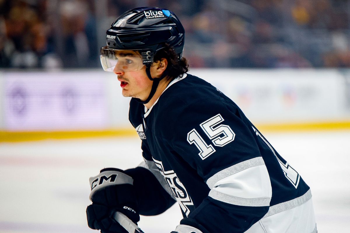Los Angeles Kings forward Alex Turcotte (15) looks at goalkeeper after an assist attempt during game against Buffalo Sabres on Wednesday, November 20, 2024 in Los Angeles. Los Angeles Kings forward Alex Turcotte (15) looks at goalkeeper after an assist attempt during game against Buffalo Sabres on Wednesday, November 20, 2024 in Los Angeles.