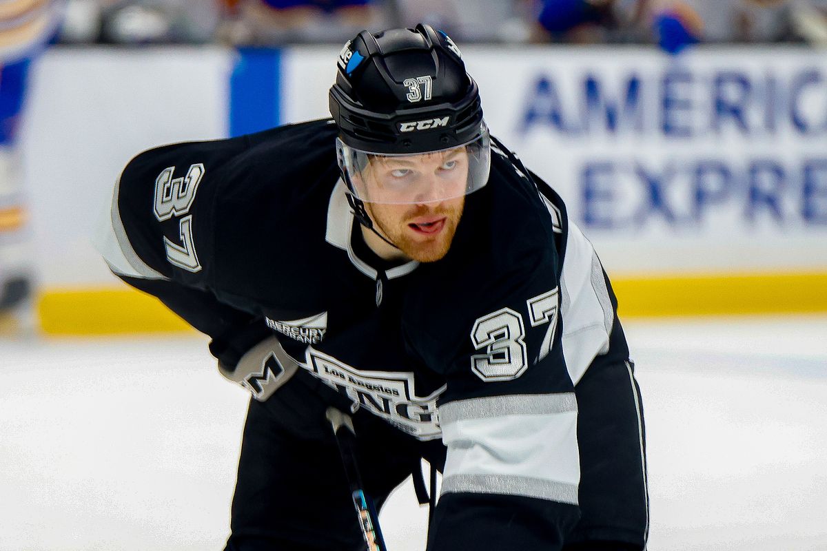 Los Angeles Kings left wing Warren Foegele (37) before a first period face-off during game against Buffalo Sabres on Wednesday, November 20, 2024 in Los Angeles. Los Angeles Kings left wing Warren Foegele (37) before a first period face-off during game against Buffalo Sabres on Wednesday, November 20, 2024 in Los Angeles.