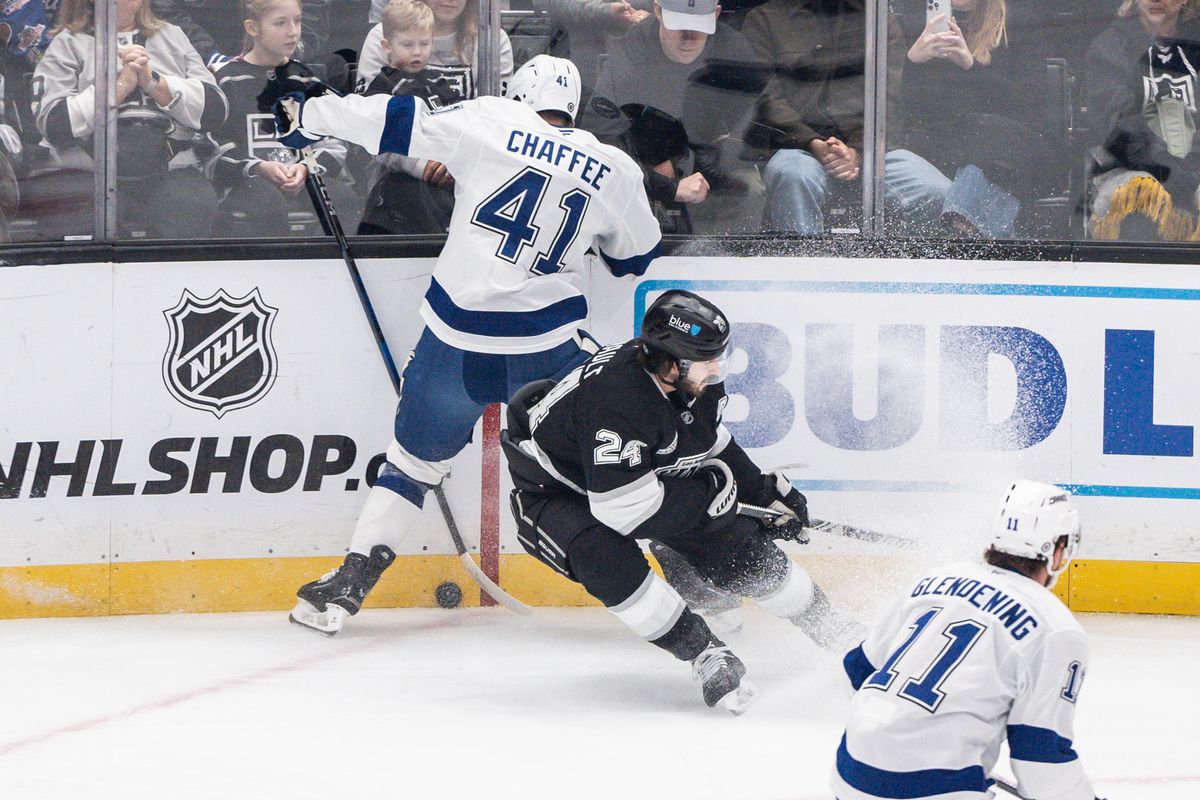 Los Angeles Kings C (24) Phillip Danault going after the puck a game against the Tampa Bay Lightning on January 4, 2025 at Crypto.com Arena