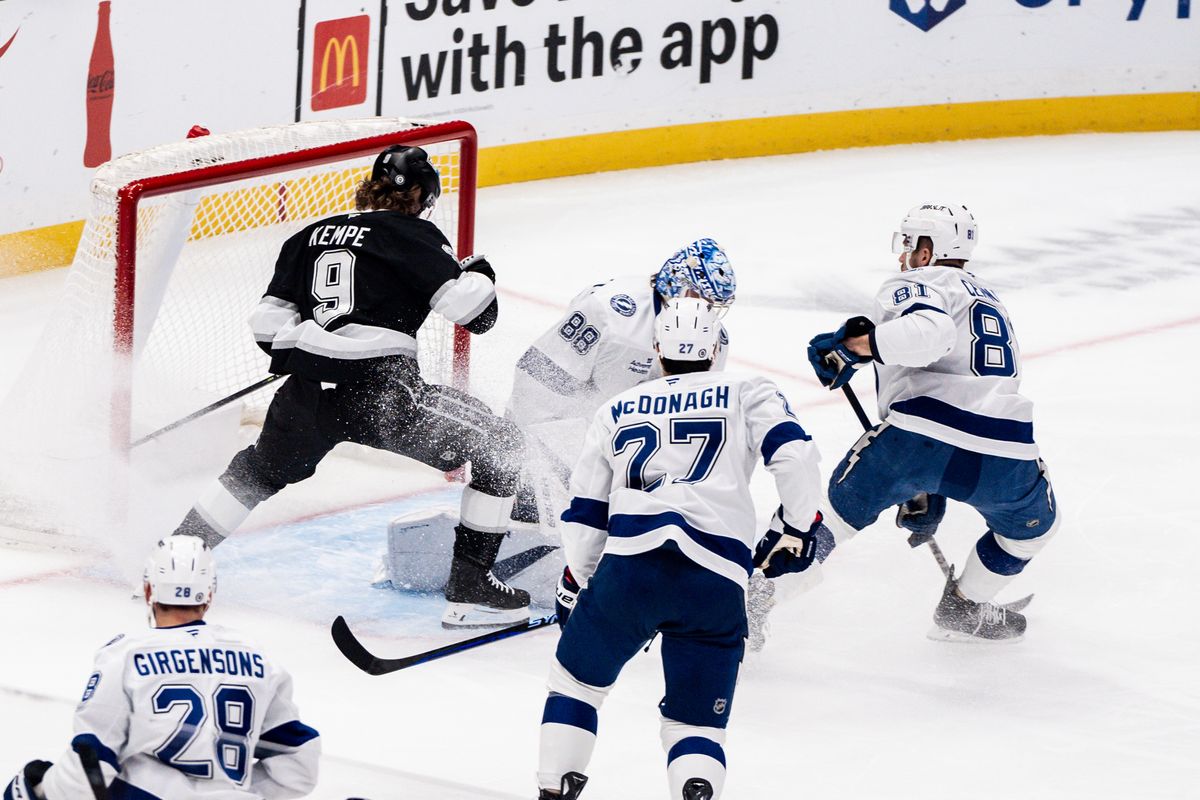 Los Angeles Kings RW (9)Adrian Kempe trying to score a gaol in a game against the Tampa Bay Lightning on January 4, 2025 at Crypto.com Arena