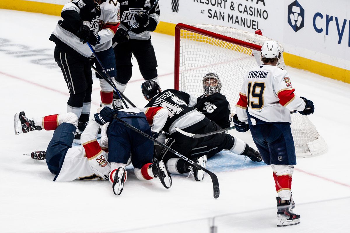Los Angeles Kings players get thrown into their own goalie in the game against the Florida Panthers on January 22, 2025 at Crypto.com Arena Los Angeles Kings players get thrown into their own goalie in the game against the Florida Panthers on January 22, 2025 at Crypto.com Arena