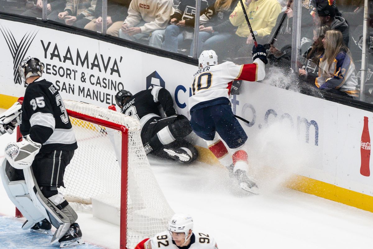 Los Angeles Kings D Jacob Moverare (43) gets thrown into the wall in the game against the Florida Panthers on January 22, 2025 at Crypto.com Arena Los Angeles Kings D Jacob Moverare (43) gets thrown into the wall in the game against the Florida Panthers on January 22, 2025 at Crypto.com Arena