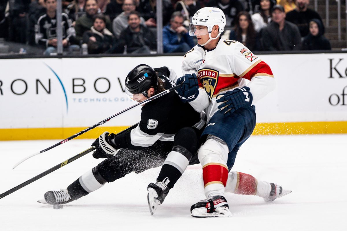 Los Angeles Kings RW Adrian Kempe (9) gets thrown into the goal in the game against the Florida Panthers on January 22, 2025 at Crypto.com Arena Los Angeles Kings RW Adrian Kempe (9) gets thrown into the goal in the game against the Florida Panthers on January 22, 2025 at Crypto.com Arena