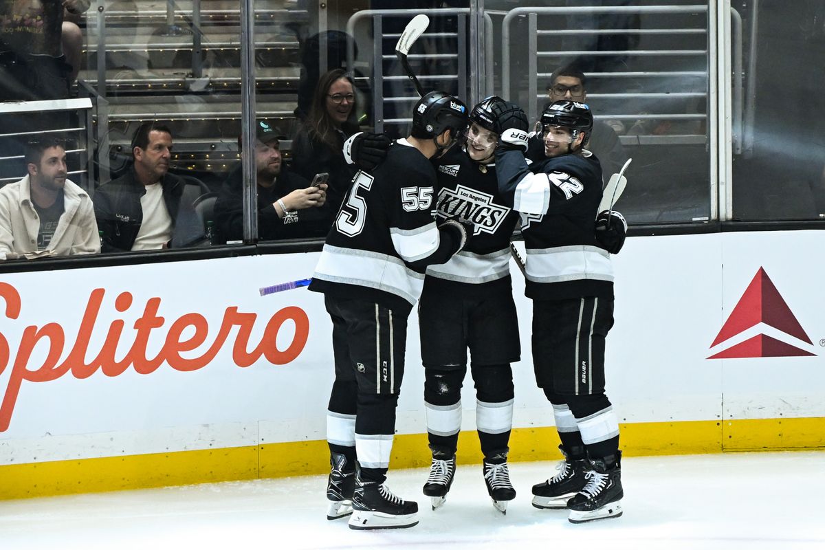 Los Angeles Kings Right Winger Alex Laferriere (14), Left Winger Kevin Fiala (22), and Center Quinton Byfield (55) celebrate Lafferiere's goal during an NHL hockey game against the Toronto Maple Leafs, Saturday, March 29, 2025, in Los Angeles Calif. Los Angeles Kings Right Winger Alex Laferriere (14), Left Winger Kevin Fiala (22), and Center Quinton Byfield (55) celebrate Lafferiere's goal during an NHL hockey game against the Toronto Maple Leafs, Saturday, March 29, 2025, in Los Angeles Calif.