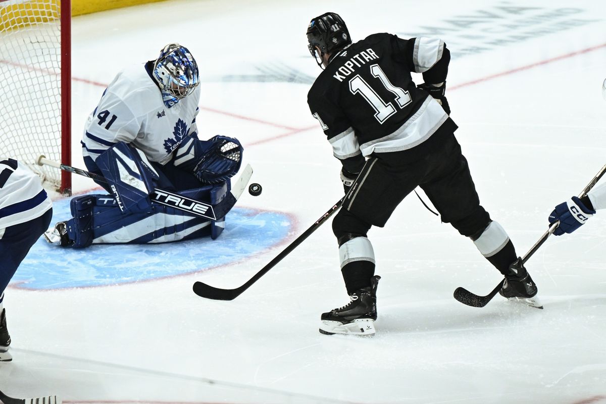 Toronto Maples Leafs Goalie Anthony Stolarz (41) saves Los Angeles Kings Center Anze Kopitar's shot during an NHL hockey game against the Los Angeles Kings, Saturday, March 29, 2025, in Los Angeles Calif. Toronto Maples Leafs Goalie Anthony Stolarz (41) saves Los Angeles Kings Center Anze Kopitar's shot during an NHL hockey game against the Los Angeles Kings, Saturday, March 29, 2025, in Los Angeles Calif.