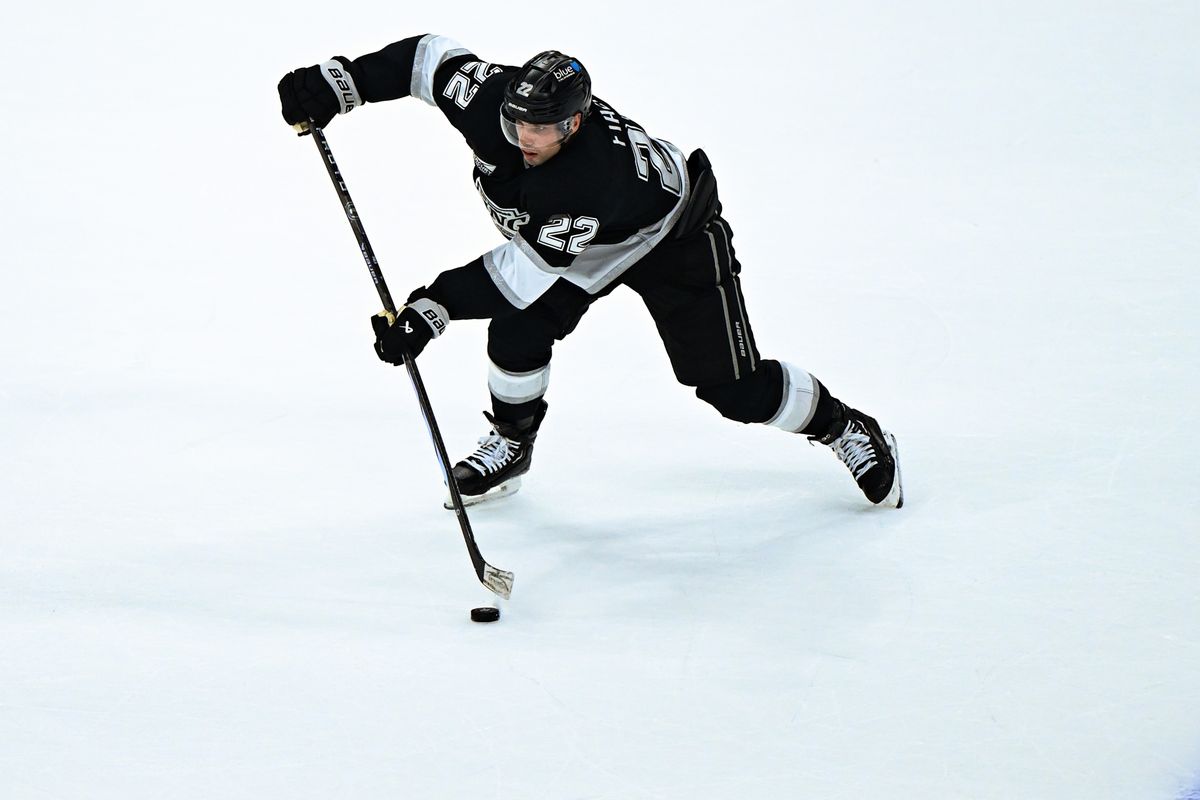 Los Angeles Kings Left Winger Kevin Fiala (22) passes the puck in the offensive zone during an NHL hockey game against the Toronto Maple Leafs, Saturday, March 29, 2025, in Los Angeles Calif. Los Angeles Kings Left Winger Kevin Fiala (22) passes the puck in the offensive zone during an NHL hockey game against the Toronto Maple Leafs, Saturday, March 29, 2025, in Los Angeles Calif.