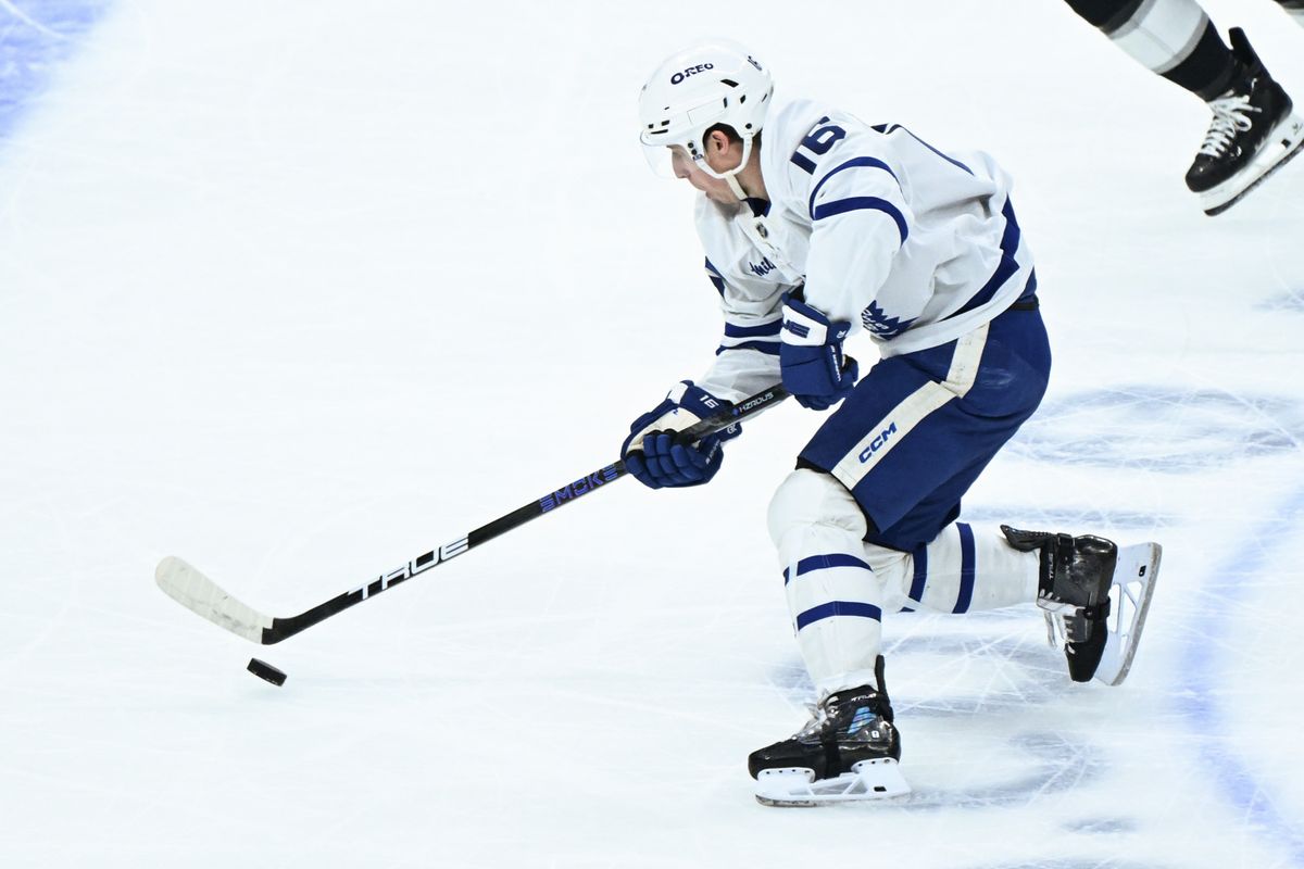 Toronto Maple Leafs Right Winger Mitch Marner (16) skates the puck into the offensive zone during an NHL hockey game against the Los Angeles Kings, Saturday, March 29, 2025, in Los Angeles Calif. Toronto Maple Leafs Right Winger Mitch Marner (16) skates the puck into the offensive zone during an NHL hockey game against the Los Angeles Kings, Saturday, March 29, 2025, in Los Angeles Calif.