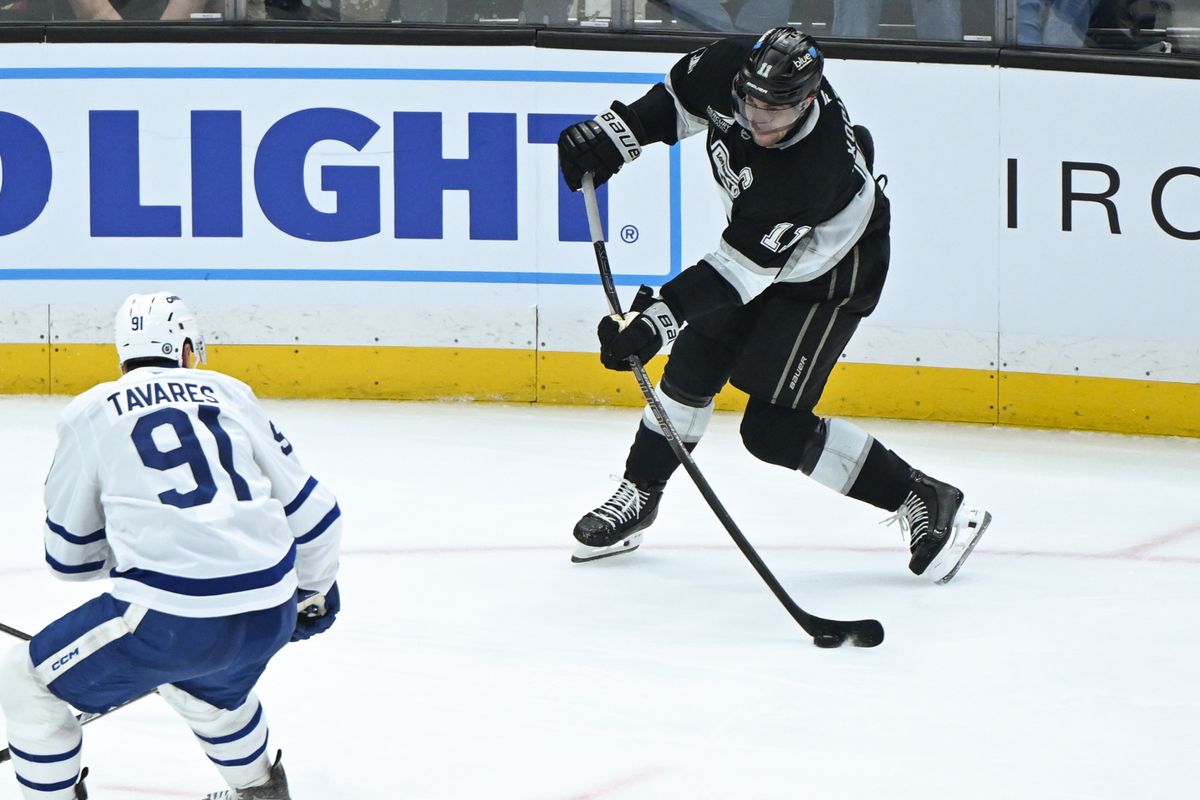 Los Angeles Kings Center Anze Kopitar (11) takes a shot during an NHL hockey game against the Los Angeles Kings, Saturday, March 29, 2025, in Los Angeles Calif. Los Angeles Kings Center Anze Kopitar (11) takes a shot during an NHL hockey game against the Los Angeles Kings, Saturday, March 29, 2025, in Los Angeles Calif.