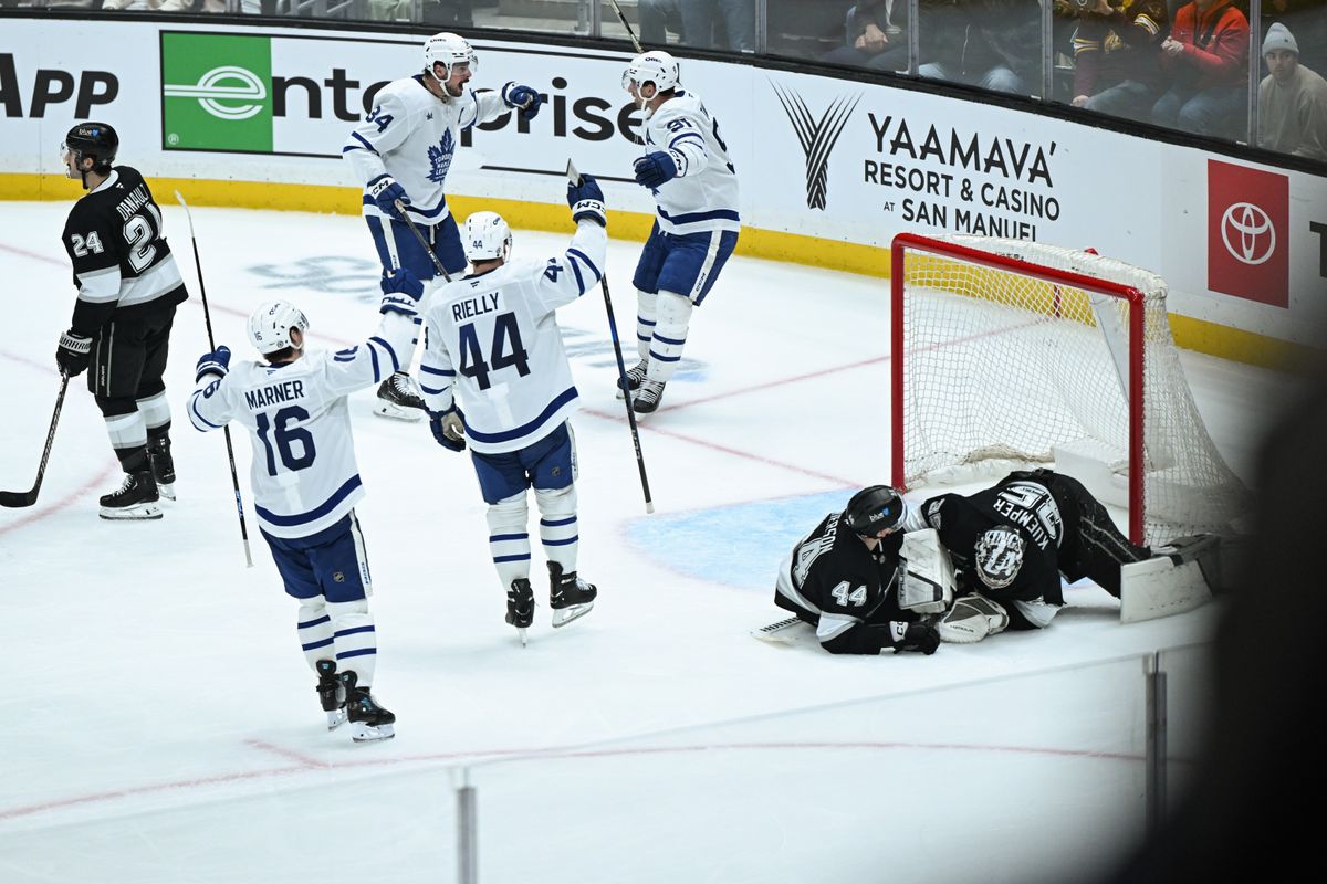 Toronto Maple Leafs Center Auston Matthews (34), Center John Tavares (91), Right Winger Mitch Marner (16), and Defenseman Morgan Rielly (44) celebrate after scoring a goal during an NHL hockey game against the Los Angeles Kings, Saturday, March 29, 2025, in Los Angeles Calif. Toronto Maple Leafs Center Auston Matthews (34), Center John Tavares (91), Right Winger Mitch Marner (16), and Defenseman Morgan Rielly (44) celebrate after scoring a goal during an NHL hockey game against the Los Angeles Kings, Saturday, March 29, 2025, in Los Angeles Calif.