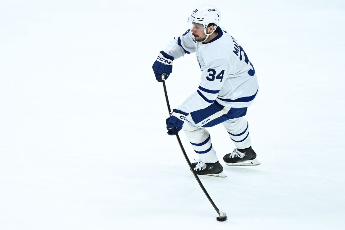 Toronto Maple Leafs Center Auston Matthews (34) passes the puck out of the defensive zone during an NHL hockey game against the Los Angeles Kings, Saturday, March 29, 2025 in Los Angeles, Calif. Toronto Maple Leafs Center Auston Matthews (34) passes the puck out of the defensive zone during an NHL hockey game against the Los Angeles Kings, Saturday, March 29, 2025 in Los Angeles, Calif.