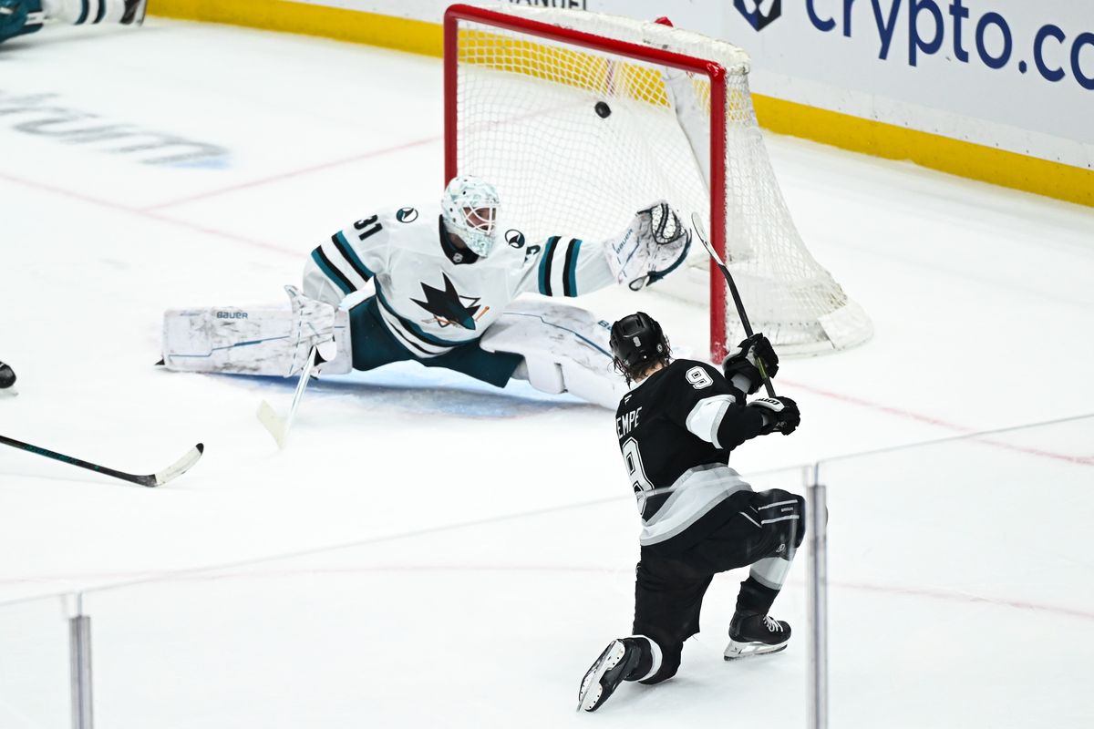 Los Angeles Kings Right Winger Adrian Kempe (9) scores a one-timer during an NHL hockey game against the San Jose Sharks, Sunday, March 30, 2025, in Los Angeles Calif.