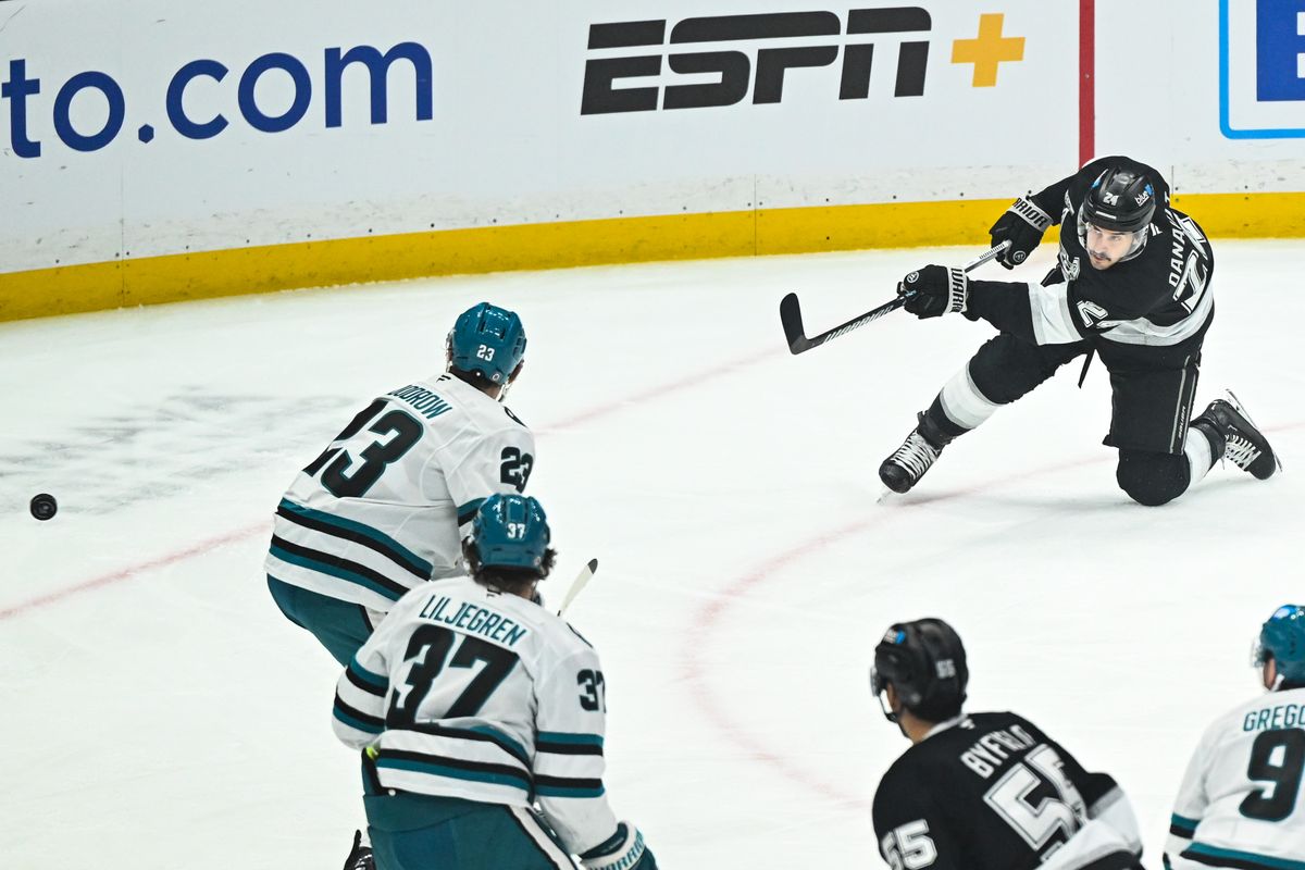 Los Angeles Kings Center Phillip Danault (24) scores a one-timer during an NHL hockey game against the San Jose Sharks, Sunday, March 30, 2025, in Los Angeles Calif.