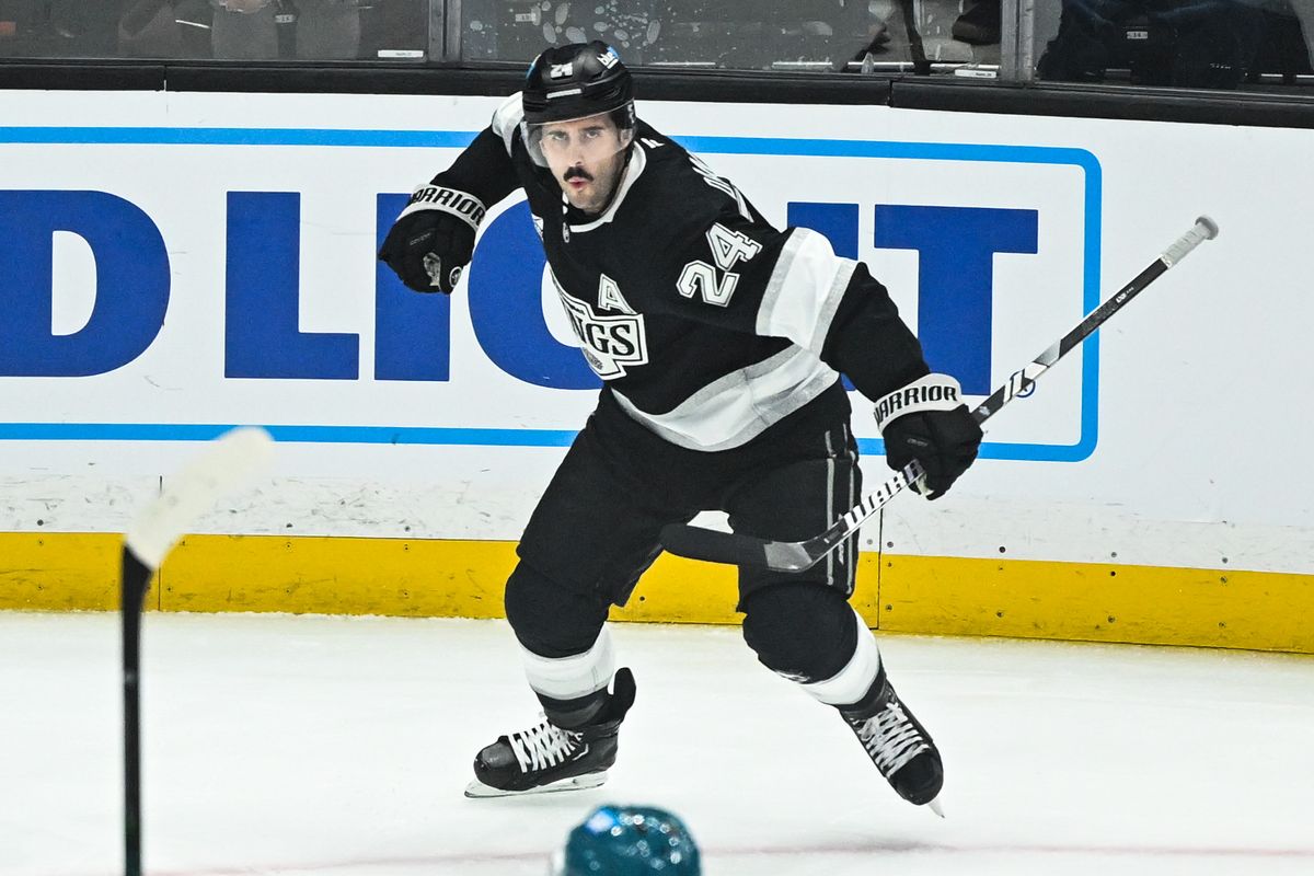 Los Angeles Kings Center Phillip Danault (24) celebrates after scoring the opening goal on a one-timer during an NHL hockey game against the San Jose Sharks, Sunday, March 30, 2025, in Los Angeles Calif.
