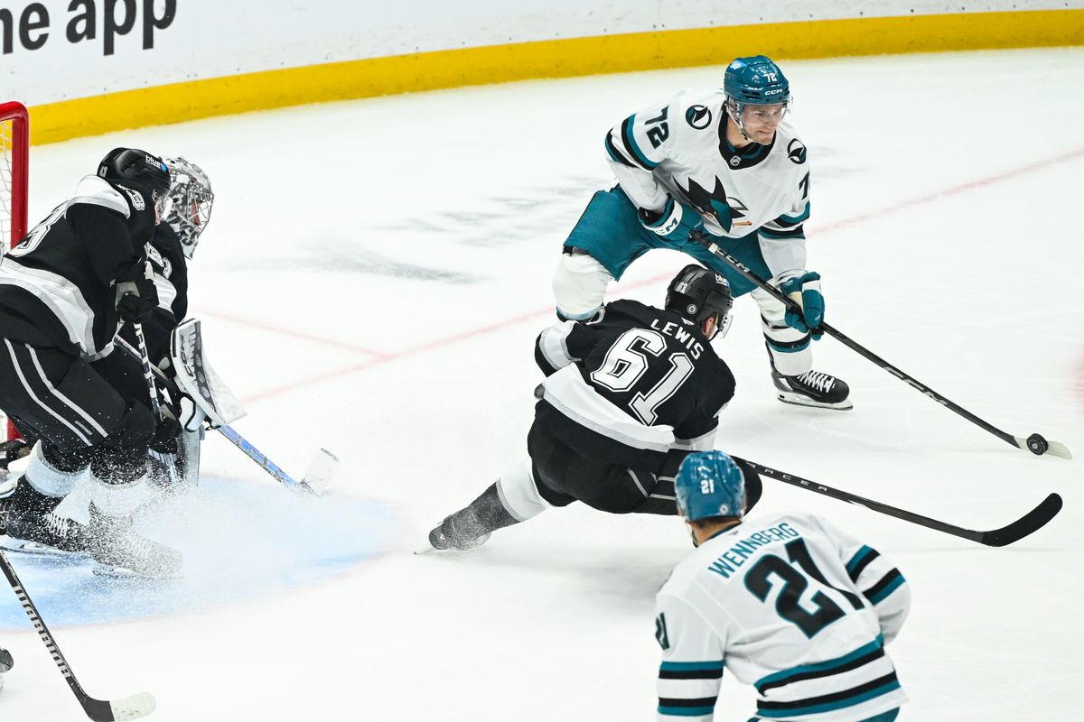 San Jose Sharks Left Winger William Eklund (72) receives a pass and attempts a shot during an NHL hockey game against the Los Angeles Kings, Sunday, March 30, 2025, in Los Angeles Calif.