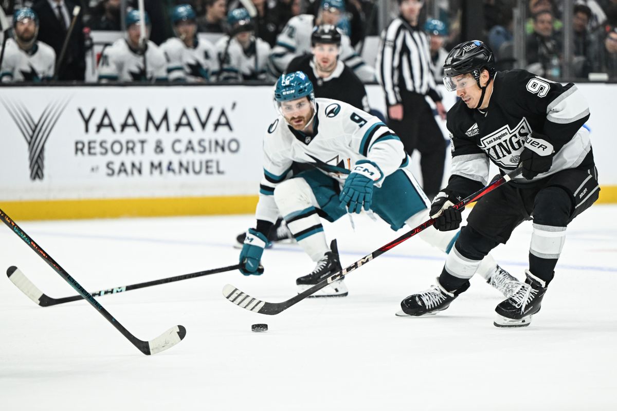 Los Angeles Kings Left Winger Andrei Kuzmenko (96) toe drags the puck before scoring a goal during an NHL hockey game against the San Jose Sharks, Sunday, March 30, 2025, in Los Angeles Calif.