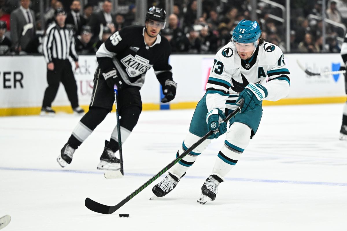 San Jose Sharks Center Tyler Toffoli (73) passes the puck into the defensive zone during an NHL hockey game against the Los Angeles Kings, Sunday, March 30, 2025, in Los Angeles Calif.