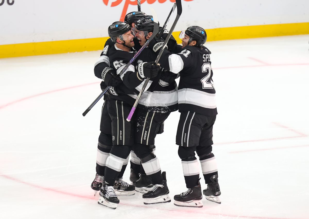 Los Angeles Kings players celebrate a Jeff Malott goal in the second period against the Edmonton Oilers on April 5, 2025 at Crypto.com Arena. Los Angeles Kings players celebrate a Jeff Malott goal in the second period against the Edmonton Oilers on April 5, 2025 at Crypto.com Arena.
