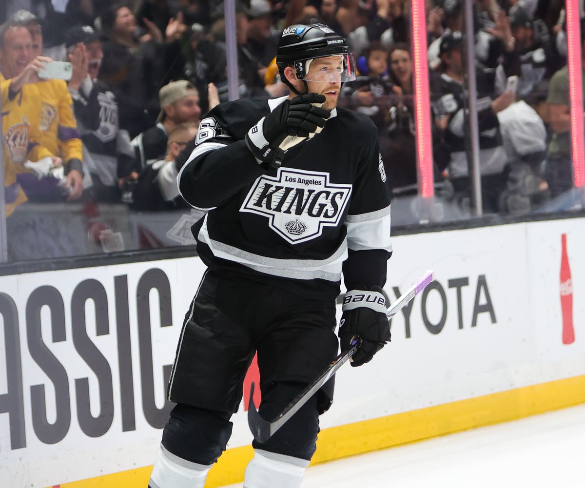 Los Angeles Kings C (61) Trevor Lewis celebrates his third period goal against the Edmonton Oilers on April 5, 2025 at Crypto.com Arena. Los Angeles Kings C (61) Trevor Lewis celebrates his third period goal against the Edmonton Oilers on April 5, 2025 at Crypto.com Arena.