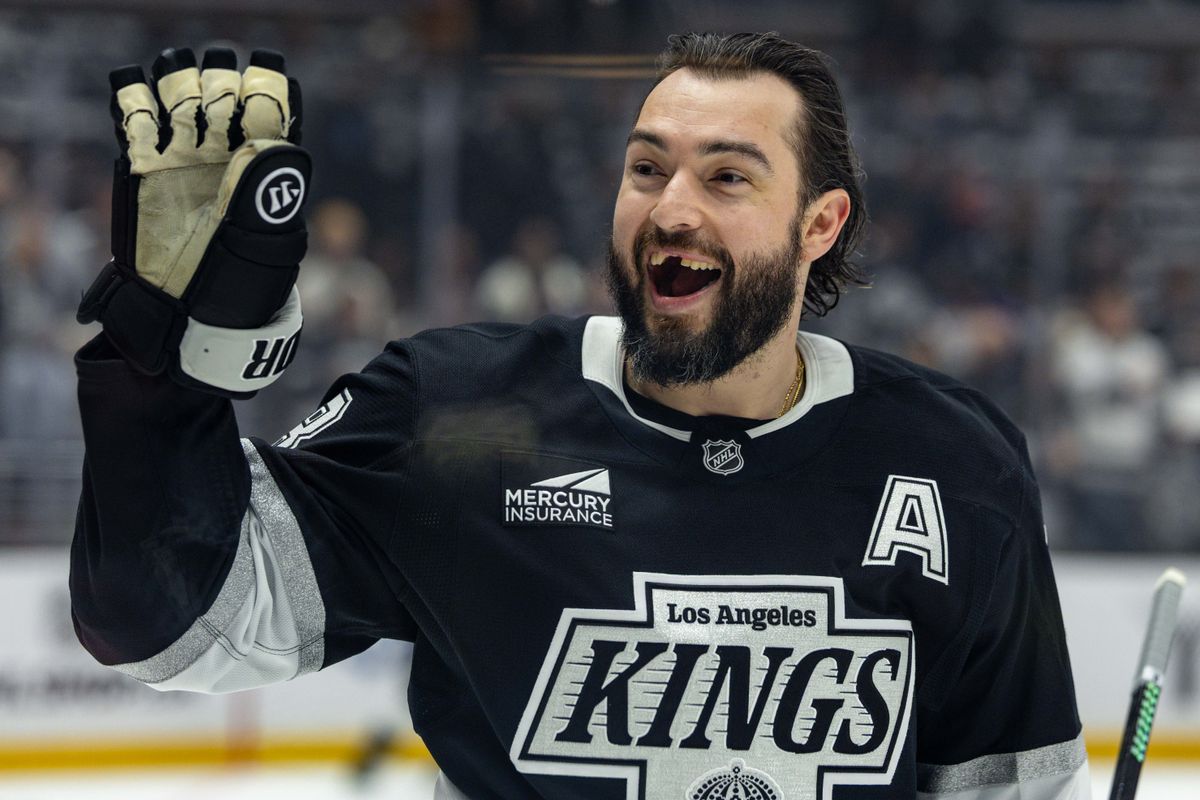 Los Angeles Kings defenseman Drew Doughty (8) waves to his family prior to Game 5 of the NHL Stanley Cup Playoffs against the Edmonton Oilers, Tuesday April 29, 2025 in Los Angeles, Calif.
