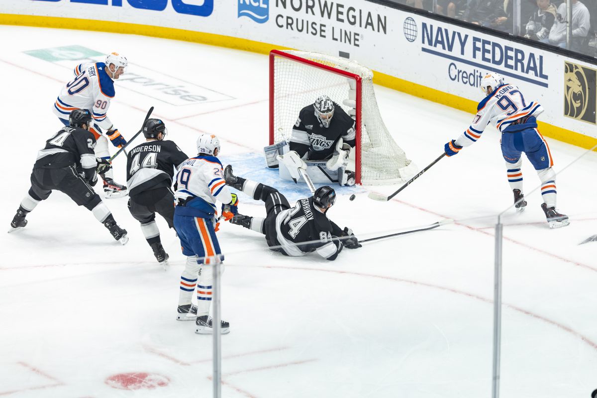 Edmonton Oilers forward Connor McDavid (97) shoots the puck during Game 5 of the NHL Stanley Cup Playoffs against the Los Angeles Kings, Tuesday April 29, 2025 in Los Angeles, Calif.