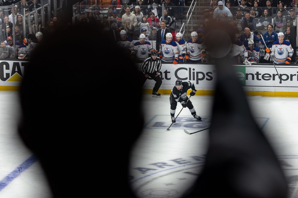 Los Angeles Kings forward Andrei Kuzmenko (96) handles the puck during Game 5 of the NHL Stanley Cup Playoffs against the Edmonton Oilers, Tuesday April 29, 2025 in Los Angeles, Calif.