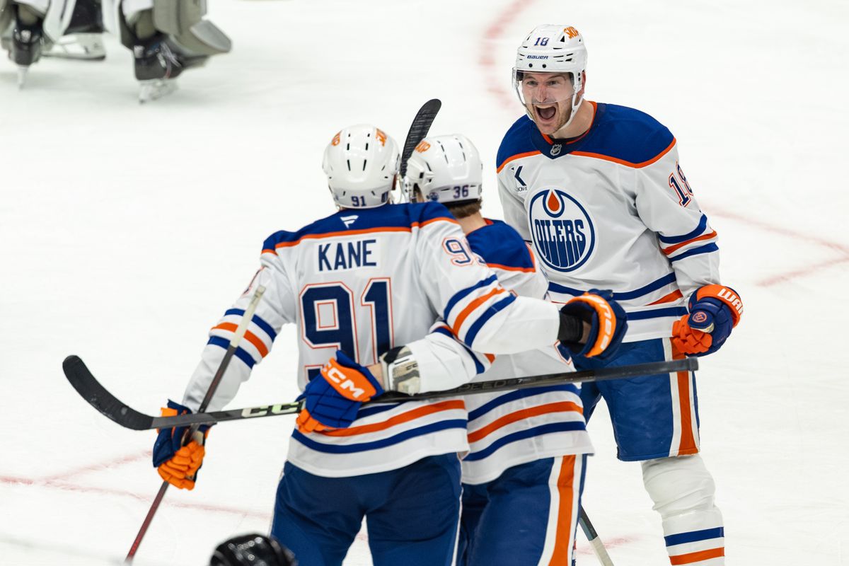 Edmonton Oilers forward Zach Hyman (18) celebrates a goal during Game 5 of the NHL Stanley Cup Playoffs against the Los Angeles Kings, Tuesday April 29, 2025 in Los Angeles, Calif.