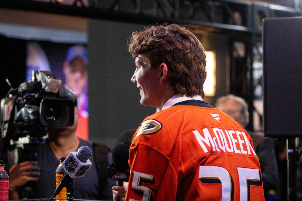 Roger McQueen with the NHL media facing him for the first time after being selected 10th overall by the Ducks. Roger McQueen with the NHL media facing him for the first time after being selected 10th overall by the Ducks.