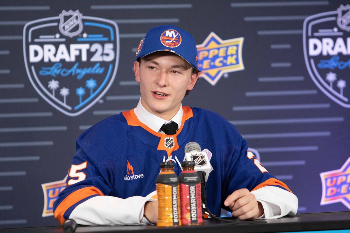 Mathew Schaefer answers a question in a press conference after being selected first overall by the New York Islanders in the 2025 NHL Draft. Mathew Schaefer answers a question in a press conference after being selected first overall by the New York Islanders in the 2025 NHL Draft.