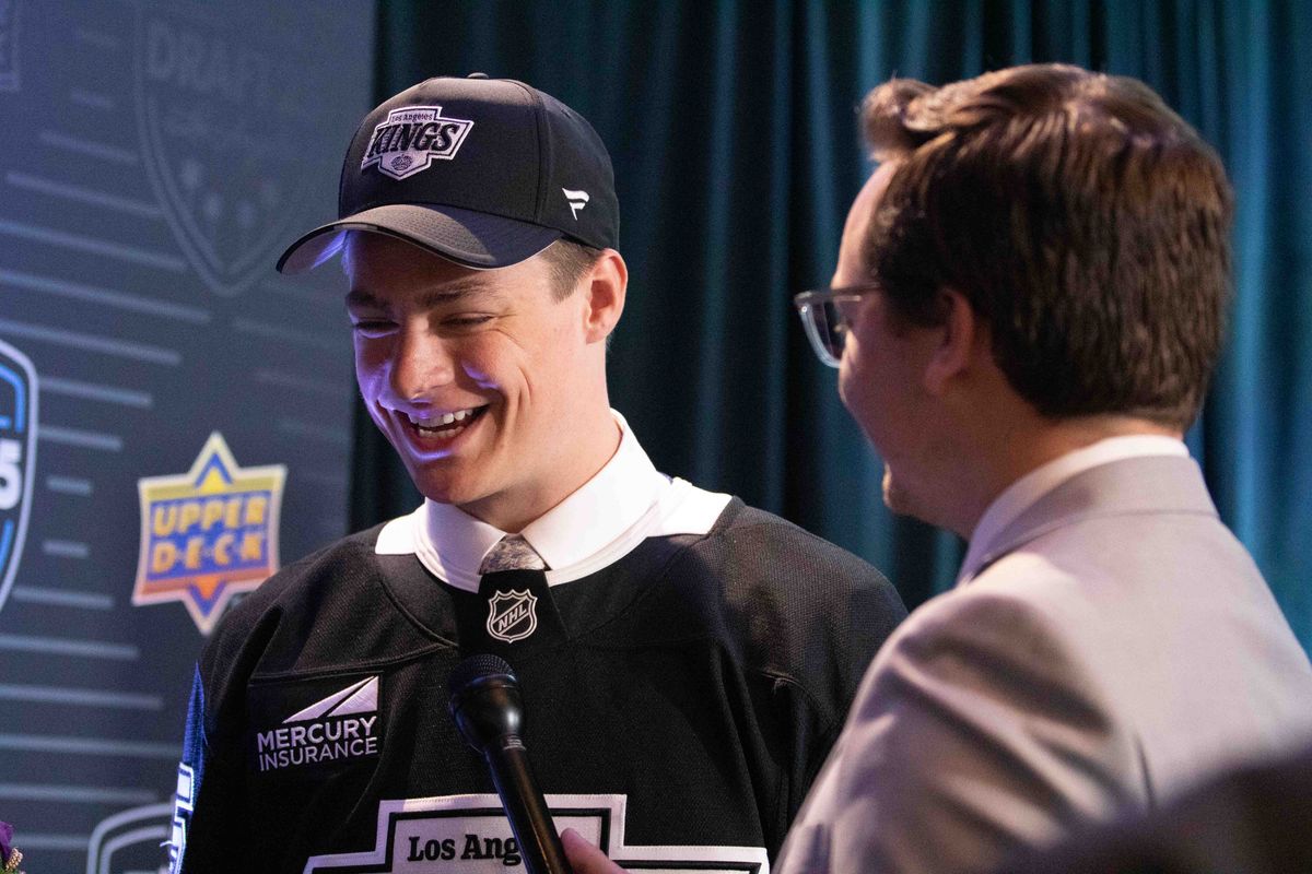 Henry Brzustewicz laughs while answering during an interview after being drafted by the Los Angeles Kings. Henry Brzustewicz laughs while answering during an interview after being drafted by the Los Angeles Kings.
