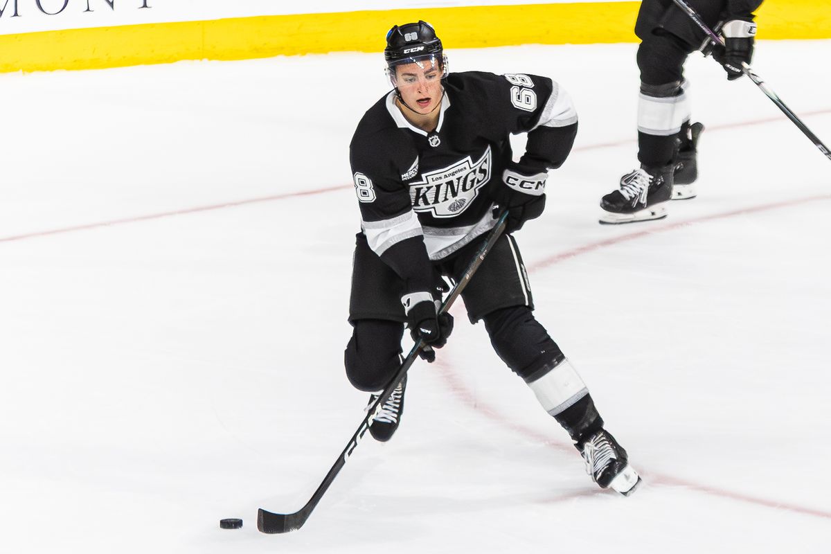 Los Angeles Kings defense Henry Brzustewicz (68) looks to pass the puck during an NHL hockey game against the Anaheim Ducks, Sunday September 21, 2025 in Ontario, Calif. Los Angeles Kings defense Henry Brzustewicz (68) looks to pass the puck during an NHL hockey game against the Anaheim Ducks, Sunday September 21, 2025 in Ontario, Calif.