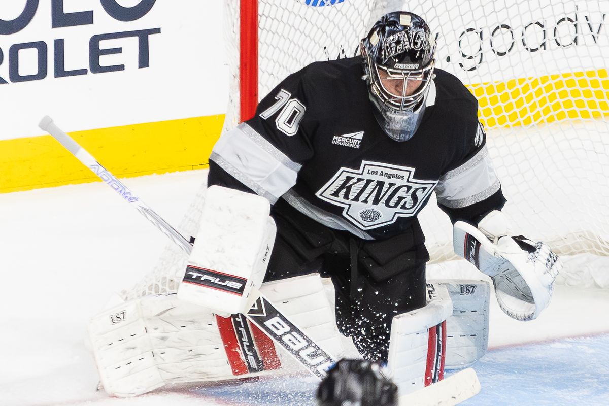 Los Angeles Kings goaltender Carter George (70) blocks during an NHL hockey game against the Anaheim Ducks, Sunday September 21, 2025 in Ontario, Calif. Los Angeles Kings goaltender Carter George (70) blocks during an NHL hockey game against the Anaheim Ducks, Sunday September 21, 2025 in Ontario, Calif.