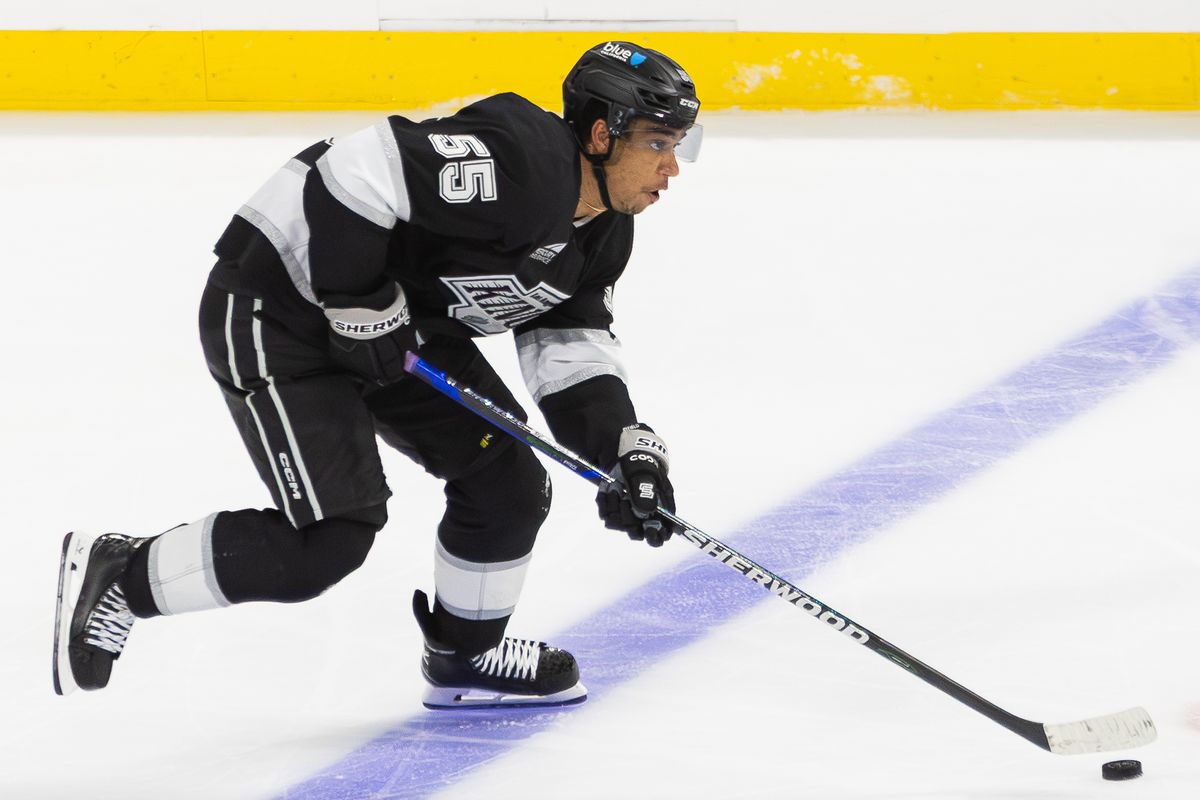 Los Angeles Kings defense Quinton Byfield (55) advances up the rink during an NHL hockey game against the Anaheim Ducks, Sunday September 21, 2025 in Ontario, Calif. Los Angeles Kings defense Quinton Byfield (55) advances up the rink during an NHL hockey game against the Anaheim Ducks, Sunday September 21, 2025 in Ontario, Calif.