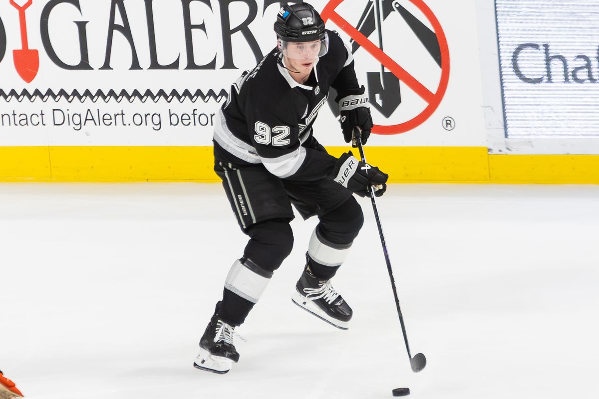 Los Angeles Kings Goaltender Brandt Clarke (92) looks to pass the puck during an NHL hockey game against the Anaheim Ducks, Sunday September 21, 2025 in Ontario, Calif. Los Angeles Kings Goaltender Brandt Clarke (92) looks to pass the puck during an NHL hockey game against the Anaheim Ducks, Sunday September 21, 2025 in Ontario, Calif.