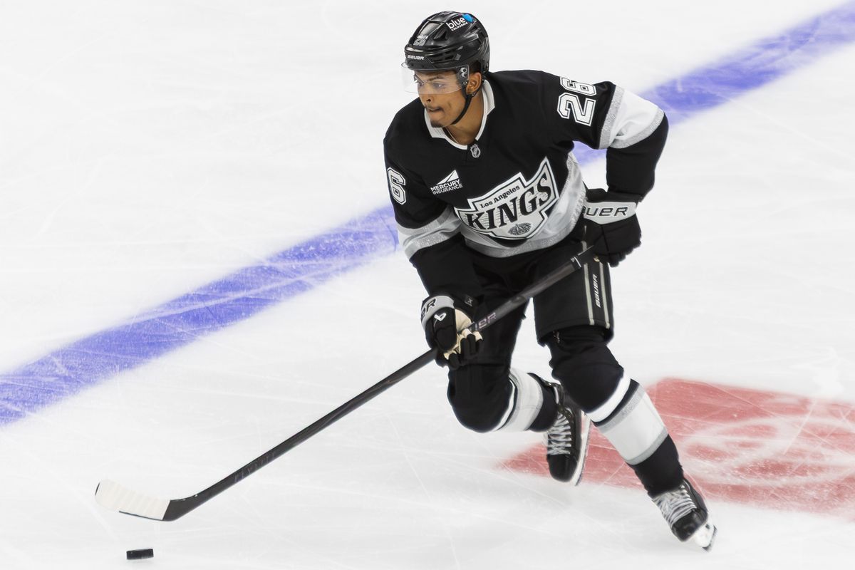 Los Angeles Kings Goaltender Akil Thomas (26) advances up the rink during an NHL hockey game against the Anaheim Ducks, Sunday September 21, 2025 in Ontario, Calif. Los Angeles Kings Goaltender Akil Thomas (26) advances up the rink during an NHL hockey game against the Anaheim Ducks, Sunday September 21, 2025 in Ontario, Calif.