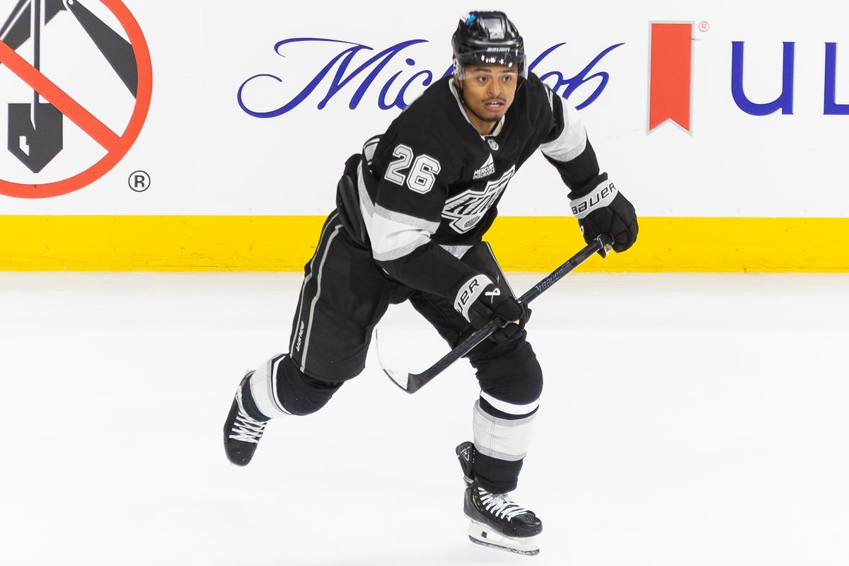 Los Angeles Kings center Akil Thomas (26) advances up the rink during an NHL hockey game against the Anaheim Ducks, Sunday September 21, 2025 in Ontario, Calif. Los Angeles Kings center Akil Thomas (26) advances up the rink during an NHL hockey game against the Anaheim Ducks, Sunday September 21, 2025 in Ontario, Calif.