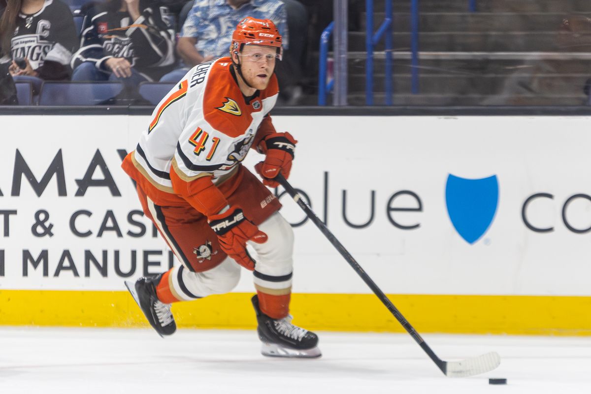 Los Angeles Kings center Nathen Gaucher (41) looks up at fans during an NHL hockey game against the Los Angeles Kings, Sunday September 21, 2025 in Ontario, Calif. Los Angeles Kings center Nathen Gaucher (41) looks up at fans during an NHL hockey game against the Los Angeles Kings, Sunday September 21, 2025 in Ontario, Calif.