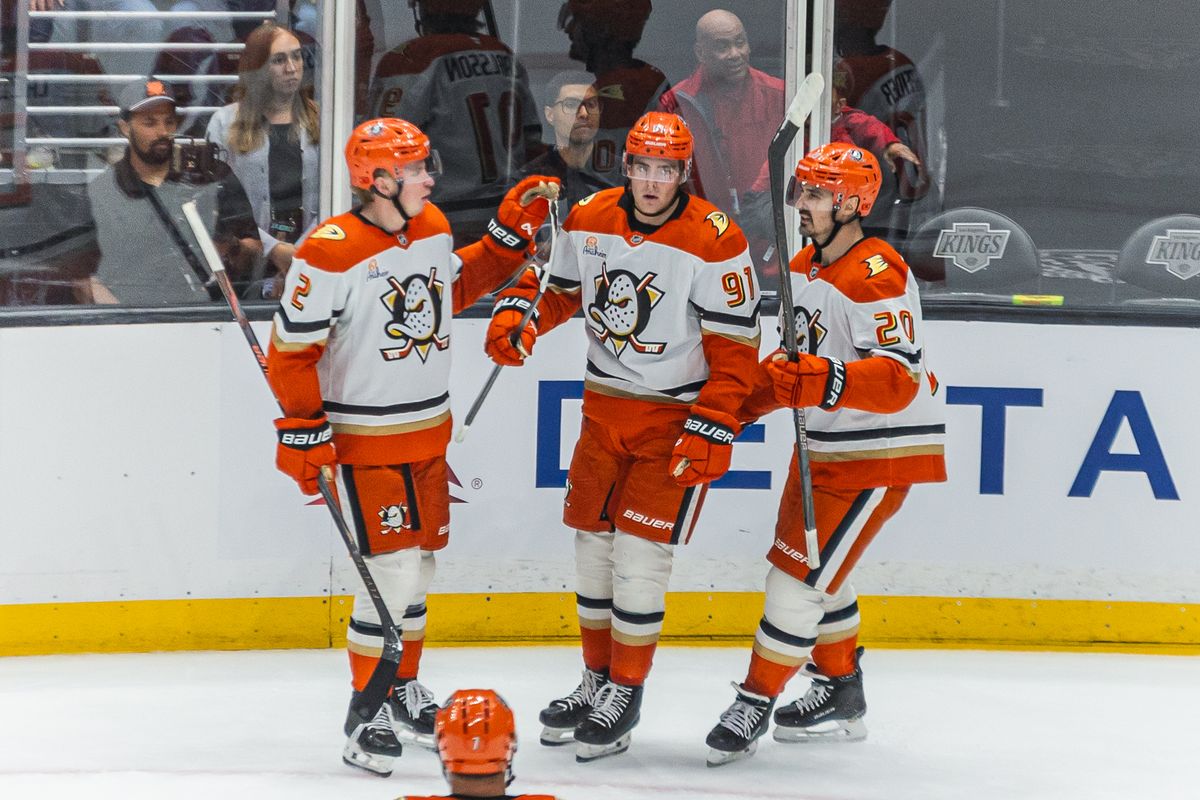 Anaheim Ducks celebrate after a goal during an NHL hockey game against the Los Angeles Kings, Saturday October 4, 2025 in Los Angeles, Calif.