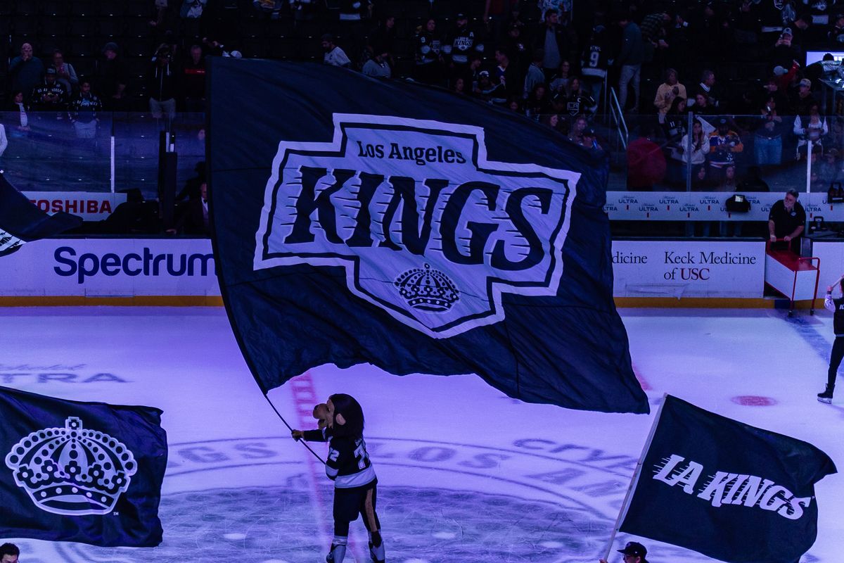 Los Angeles Kings celebrate after a win in overtime during an NHL hockey game against the Anaheim Ducks, Saturday October 4, 2025 in Los Angeles, Calif.