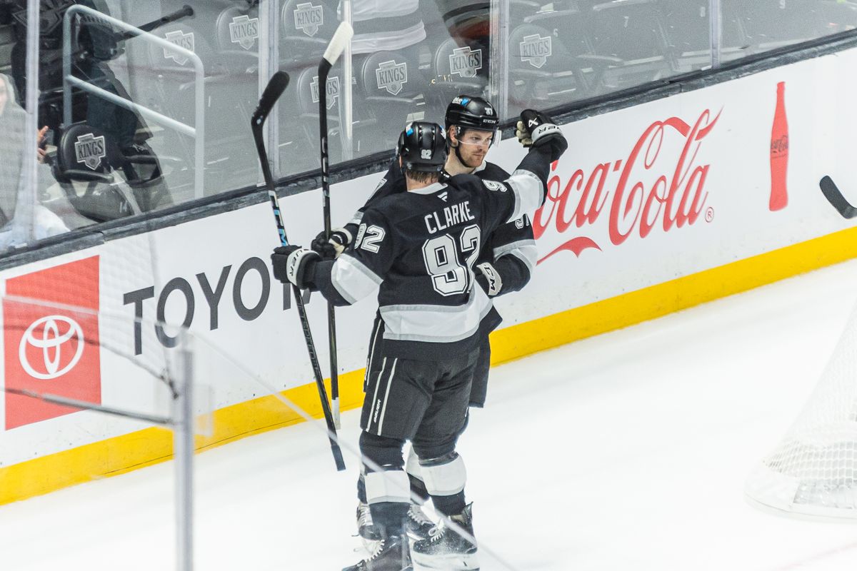 Los Angeles Kings celebrate after a goal during an NHL hockey game against the Anaheim Ducks, Saturday October 4, 2025 in Los Angeles, Calif.