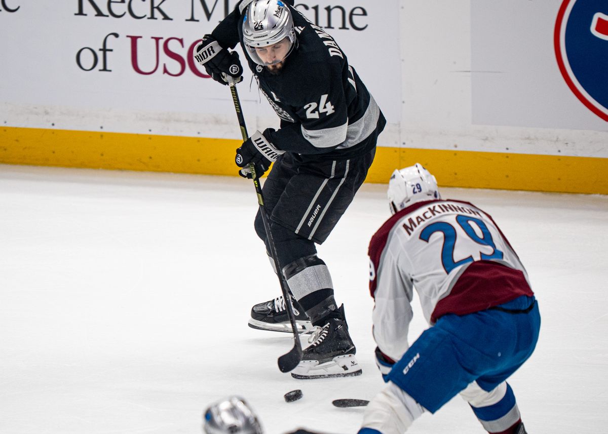 Los Angeles Kings center, Phillip Danault 24, makes an attempt at the net during an NHL hockey game against the Colorado Avalanche at Crypto.com Arena in Los Angeles on October 07, 2025