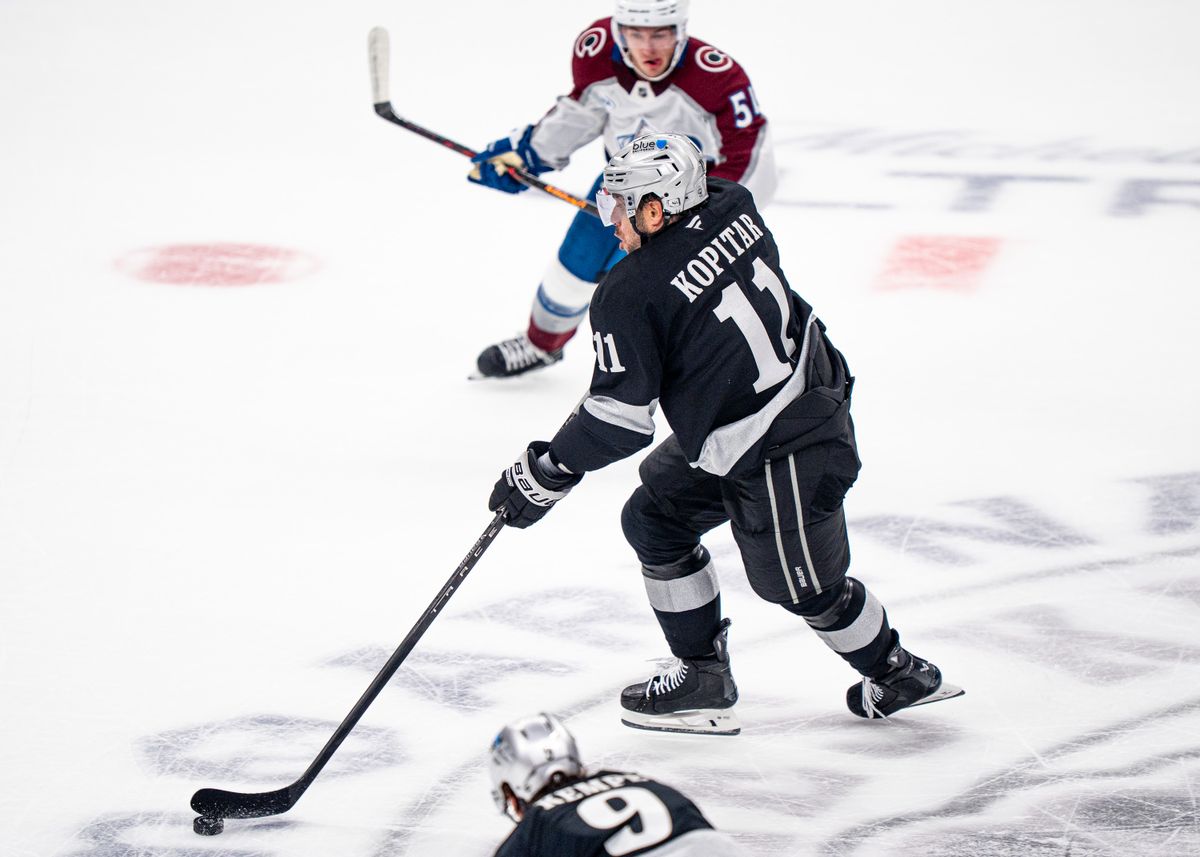 Los Angeles Kings center, Anze Kopitar 11, makes an attempt at the goal during an NHL hockey game against the Colorado Avalanche at Crypto.com Arena in Los Angeles on October 07, 2025