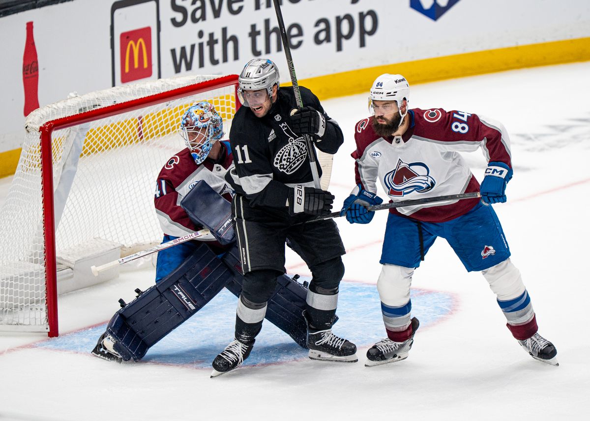 Los Angeles Kings center, Anze Kopitar 11, prepares to assist a goal during an NHL hockey game against the Colorado Avalanche at Crypto.com Arena in Los Angeles on October 07, 2025