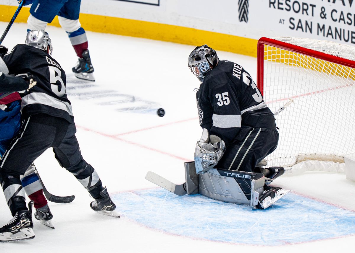Los Angeles Kings goalie, Darcy Kuemper 35, defends against a goal attempt during an NHL hockey game against the Colorado Avalanche at Crypto.com Arena in Los Angeles on October 07, 2025