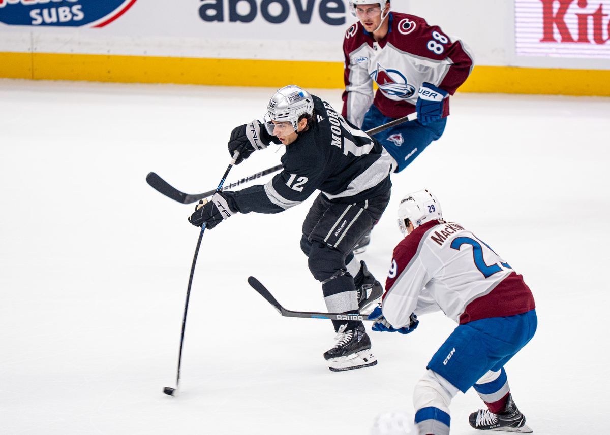 Los Angeles Kings left wing, Trevor Moore 12, makes a goal attempt during an NHL hockey game against the Colorado Avalanche at Crypto.com Arena in Los Angeles on October 07, 2025