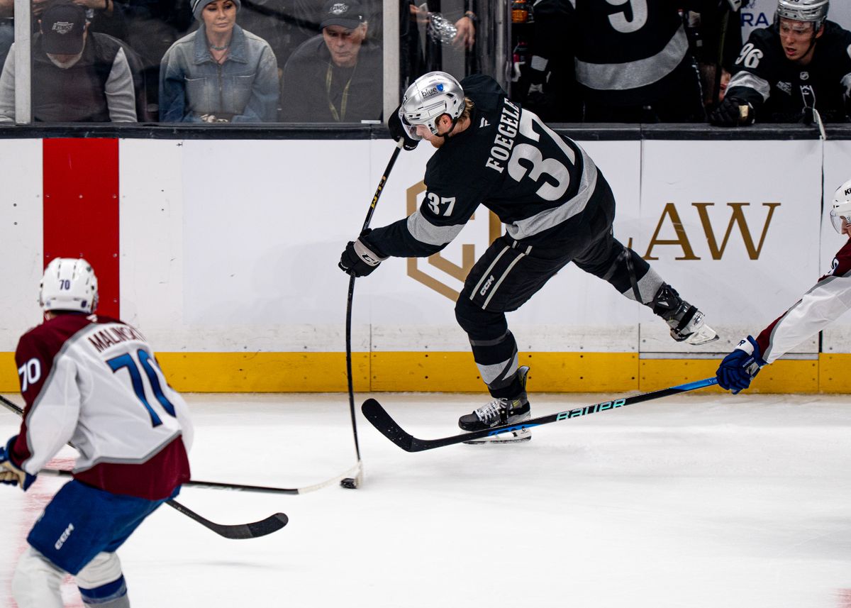 Los Angeles Kings left wing, Warren Foegele 37, makes a goal attempt during an NHL hockey game against the Colorado Avalanche at Crypto.com Arena in Los Angeles on October 07, 2025