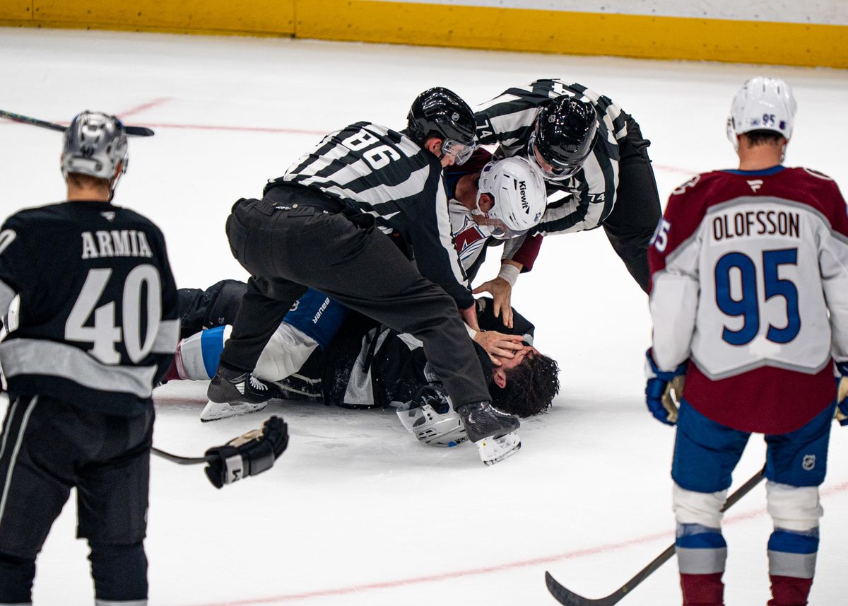 Los Angeles Kings left wing, Jeff Malott 39, fights with Avalanche Josh Manson 42 during an NHL hockey game against the Colorado Avalanche at Crypto.com Arena in Los Angeles on October 07, 2025